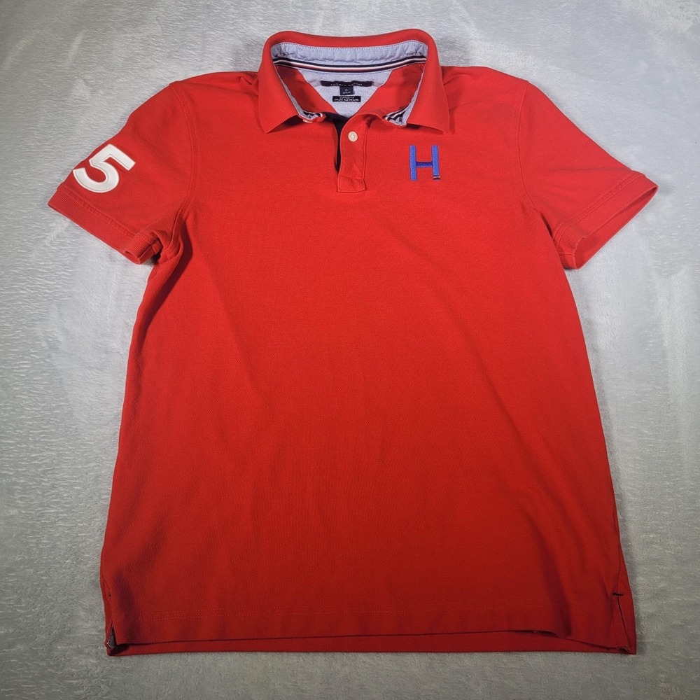Tommy Hilfiger Polo Shirt Mens M Red Custom Fit Embroidered H 85‎ Nautical Y2K